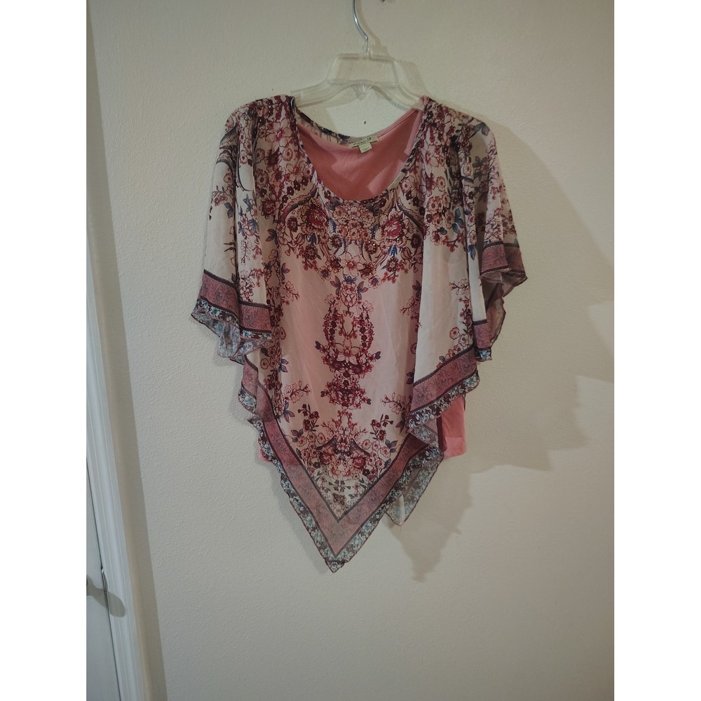 One World Live and Let Live Pink Floral Handkerchief Hem Poncho Blouse Large